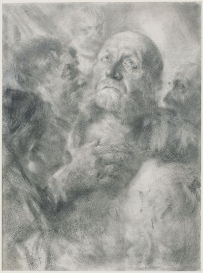 En äldre man som blickar uppåt och fyra ansikten av Adolph Menzel