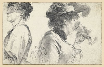 Bystbild av en dam med slöja och en dam med hatt som dricker ur ett glas av Adolph Menzel