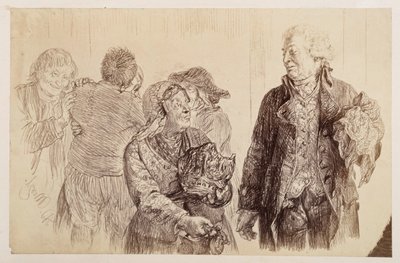 Domaren, med näsduken i höger hand, utbyter de sista orden med den surmulna Marthe. Bakom Marthe utbyter Eve och Ruprecht försoningskyssen, till Heinrich von Kleists ”Den trasiga krukan” av Adolph Menzel