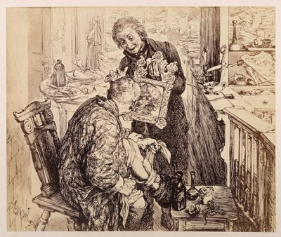 Skrivaren Licht hittar bydomaren Adam när denne förband sitt ben. Adam betraktar sitt sargade ansikte i spegeln som Licht håller upp framför honom, enligt Heinrich von Kleists ”Den trasiga kannan” av Adolph Menzel