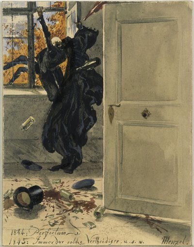 Döden som objudna gäst. 1844: Perfectum; 1845: Alltid sådana försvarare, osv. av Adolph Menzel