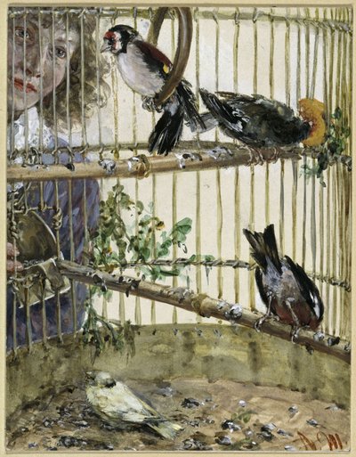 Tistelfinkarna och kanariefågeln i bondens hus. Ur ”Barnalbumet” av Adolph Menzel