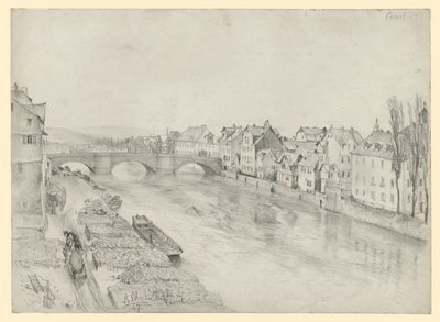 Fulda i Kassel. Flodlandskap med bro och hus av Adolph Menzel