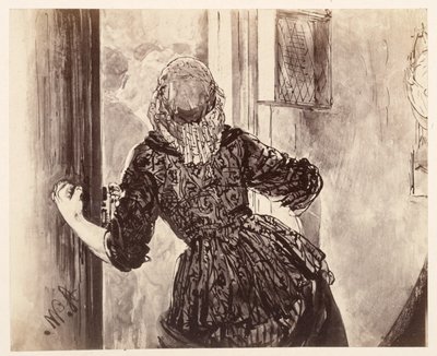 Tjänsteflickan kommer när Adam ringer i klockan; sedd bakifrån, dörren, med höger hand på dörrhandtaget, efter Heinrich von Kleist, ”Den trasiga kannan” av Adolph Menzel