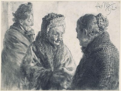Tre kvinnor, insvepta i tygstycken av Adolph Menzel