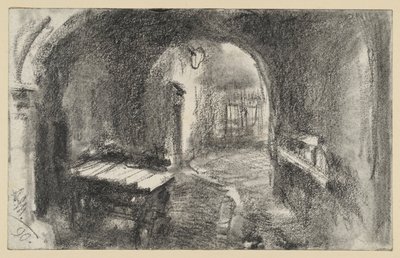 En mörk, välvd passage, med en handvagn längst fram av Adolph Menzel