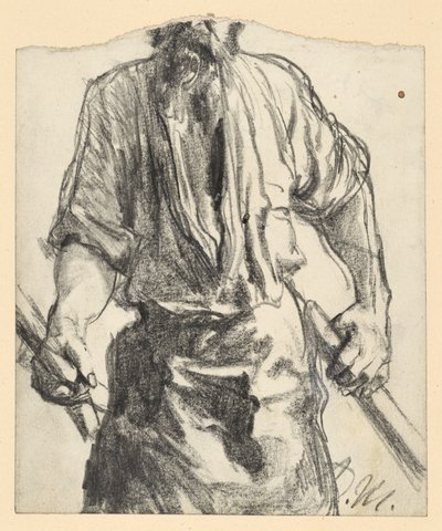Järnarbetare med skinnförkläde och träbitar i händerna. Studie till ”Järnvalsverket. Moderna cykloper” av Adolph Menzel