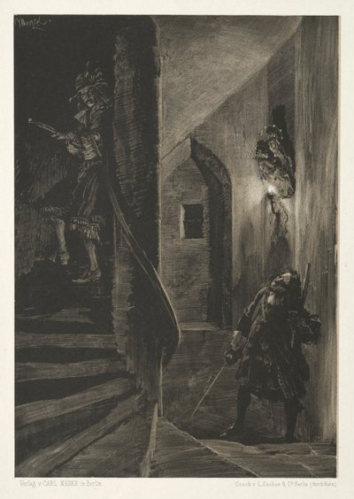 Essä om sten med borste och skrapa: Chase on the Winding Staircase, 1851. av Adolph Menzel