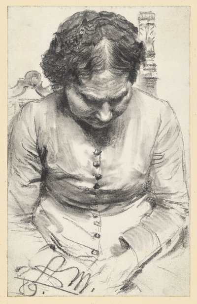 En kvinna med en liten mössa, sittande i en fåtölj med huvudet något böjt av Adolph Menzel