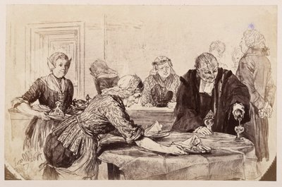Frukostpaus. Tjänsteflickorna dukar bordet, Adam häller upp. Till vänster går rättsrådet otåligt fram och tillbaka, enligt Heinrich von Kleists ”Den trasiga kannan” av Adolph Menzel