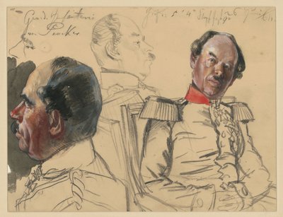 Infanterigeneral Eduard von Peucker, 1. Huvudstudie, profil åt vänster, 2. Bröstbild något åt höger, blick åt vänster, däremellan huvudstudie, profil åt höger, studier till Porzrätts verket ”Wilhelm I:s kröning i Königsberg” av Adolph Menzel