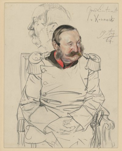 Generallöjtnant von Kumowski, knäbild, sittande framifrån, huvudet lutat framåt åt vänster, vänster: huvudstudie i profil åt vänster, porträttstudie till ”Wilhelm I:s kröning i Königsberg” av Adolph Menzel