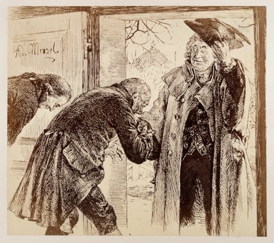 Domaren Walter träder in genom dörren från höger, medan han vänligt lyfter på hatten, och hälsas underdånigt av Adam och Licht, till Heinrich von Kleists ”Den trasiga kannan” av Adolph Menzel