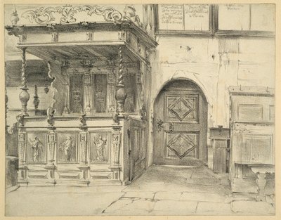 Bänkar och dörr i Friedenskirche i Jauer av Adolph Menzel