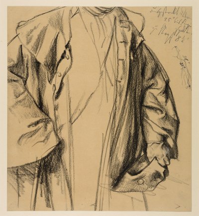 Heinrich von Kleist, Den trasiga kannan: Modellstudie av en officer i rock, huvudet ej avbildat, halvfigur med hatt i vänster hand och käpp i höger av Adolph Menzel