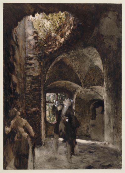 I ruinen står en man och en kvinna på ett trappavsats och blickar upp mot ett stort hål i valvet av Adolph Menzel