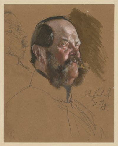 Karl, prins av Preussen, bröstbild, 3/4-profil åt höger i underifrånperspektiv, vänster: ansikte i profil åt höger (överstruket), porträttstudie till ”Wilhelm I:s kröning i Königsberg” av Adolph Menzel