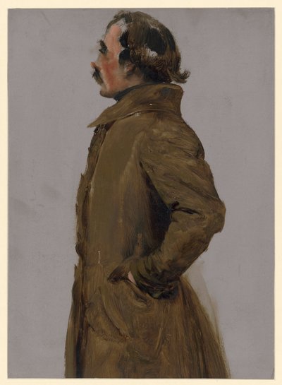 Knäbild, studie till målningen ”Predikan i klosterkyrkan”, profilbild av en barhuvad man i medelåldern, vänd åt vänster av Adolph Menzel