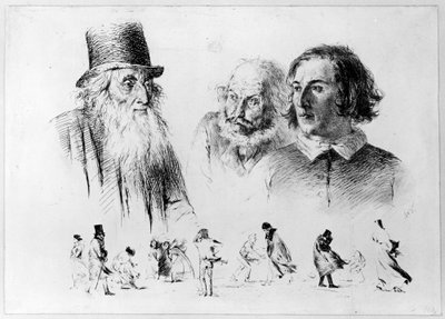 Huvud- och figurstudier, blad 2 ur serien ”Radir-försök” av Adolph Menzel