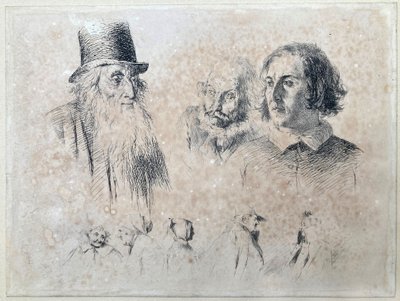 Huvud- och figurstudier, blad 2 ur serien ”Radir-försök” av Adolph Menzel