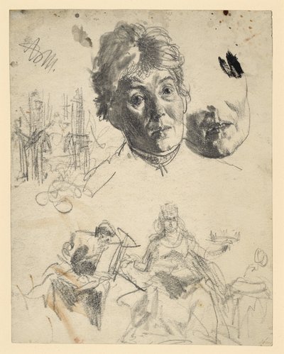 Huvudet på en äldre kvinna, där hakan återkommer, arkitekturskiss, figurativ skiss till en allegori av Adolph Menzel