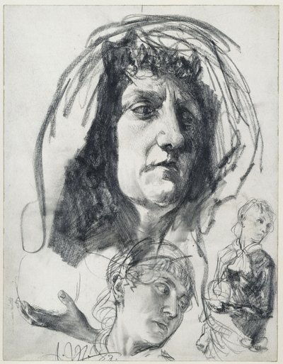 Huvud av en äldre kvinna med sjal, studier av en yngre kvinna med melonhatt. Modellstudier till ”Piazza d’Erbe” av Adolph Menzel