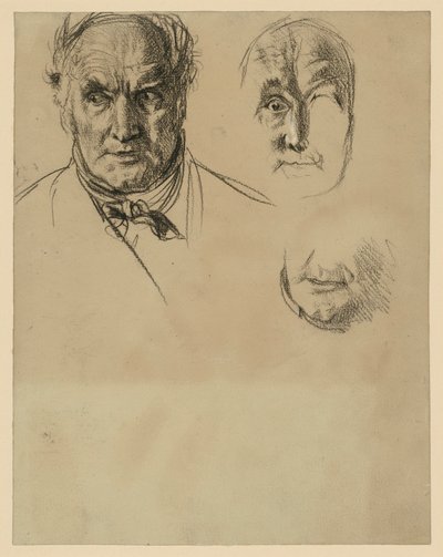 Huvudet på en äldre man med halsduk och två detaljstudier av ansiktet av Adolph Menzel