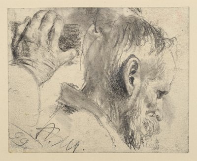 Huvudet på en skäggig man, något nedböjt, åt höger och högerhanden av Adolph Menzel