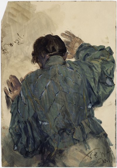 Kostymstudie av en man sedd bakifrån, lutad mot väggen, Welfenmuseum i Hannover av Adolph Menzel