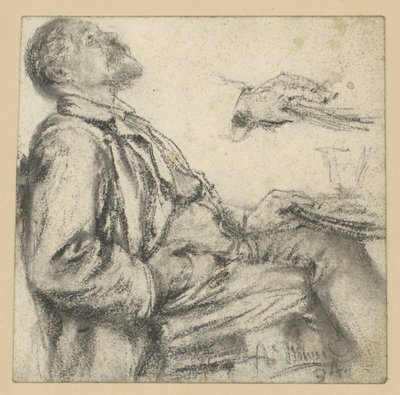 Man sittande vid ett bord, vänd åt höger, med huvudet lutat bakåt och blicken riktad uppåt samt handstudie av Adolph Menzel