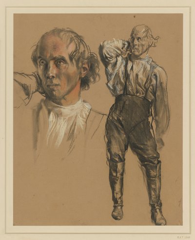 Man i skjorta, byxor och höga stövlar, stående en face, med högra handen i nacken, blick åt vänster, till vänster: större huvudstudie av Adolph Menzel