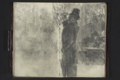 En man med hög hatt och paraply som tittar igenom lappar som hänger på väggen av Adolph Menzel