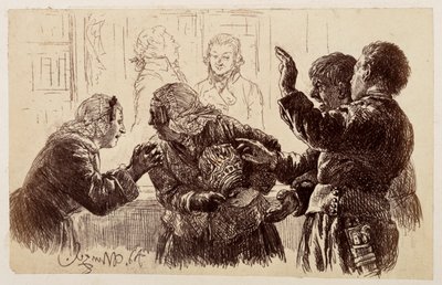 Marthe, med krukskärvorna i famnen, står mellan Veit och Ruprecht, och Eve ber sin mor att avstå från att klaga, ur Heinrich von Kleists ”Den trasiga kruksen” av Adolph Menzel