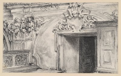 Den övre delen av dörrväggen i en sakristia med ett träskåp av Adolph Menzel
