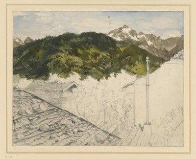 Partenkirchen, utsikt över bergen och bondgårdar av Adolph Menzel