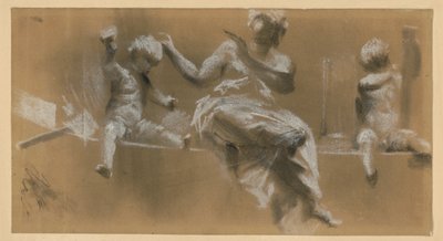 Relief på en taklist, allegorisk kvinnlig figur flankerad av putter som symboliserar måleriet (höger) och skulpturen (vänster), jfr kat. 159 av Adolph Menzel