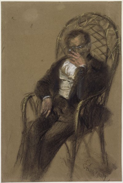 En rökande man med glasögon som sitter i en korgstol av Adolph Menzel