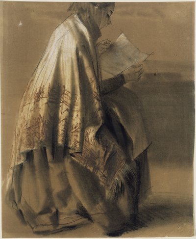 En sittande kvinna som läser, klädd i en vid omslagssjal av Adolph Menzel