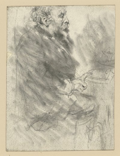 En sittande, skäggig man, vänd mot höger, med höger hands pekfinger utsträckt och vilande på bordsskivan av Adolph Menzel