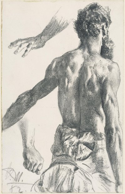 Stående skäggig man, halvnaken sett bakifrån av Adolph Menzel