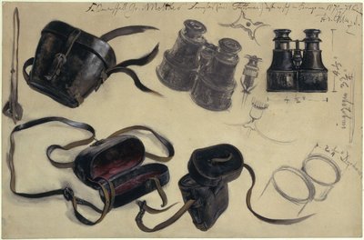 Studie efter fältmarskalk greve von Moltkes kikare, fodral och detaljer, med anteckningar av Adolph Menzel