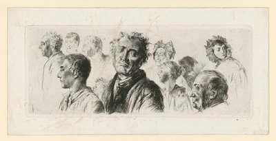 Skissblad från dårhuset. Tio huvuden, de flesta vända åt vänster av Adolph Menzel