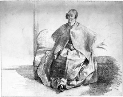 Kvinnlig kostymfigur med sjal, sittande på en soffa av Adolph Menzel