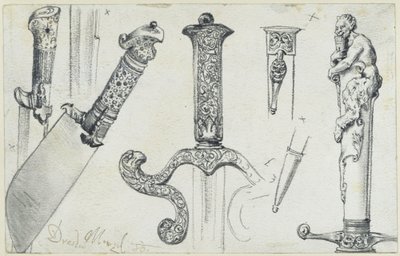 En ängskniv från slutet av 1500-talet, ett jaktvärd från första hälften av 1600-talet samt ”Permoser”-hjortkniven från början av 1700-talet, Historiska museet, Dresden av Adolph Menzel