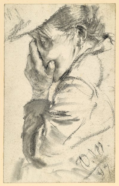 En gråtande äldre kvinna, med ansiktet gömt i händerna, bröstbild mot vänster av Adolph Menzel