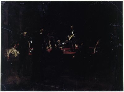 Festdeltagare runt ett stort bord och en sångare av Adolph Menzel