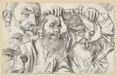 Två studier av en skäggig man som med vänsterhanden rör vid pannan; ansiktet återges två gånger av Adolph Menzel