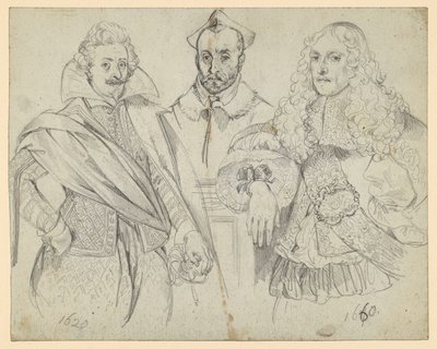 Två högt uppsatta personer från åren 1620 och 1660, med en kardinal i mitten. Kopior efter historiska avbildningar av Adolph Menzel