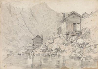 Hus vid stranden, Gudvangen av Adolph Tidemand