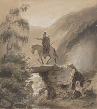 Ryttare, kvinnor och barn vid en bäck av Adolph Tidemand